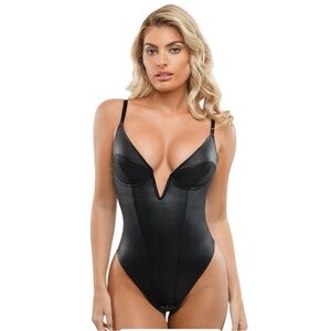 Popilush Shapewear Faux Leather Plunging V Sculpting Corset Bodysuit Small VIRAL